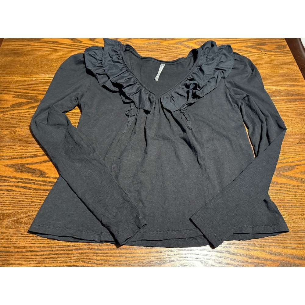 By Anthropologie Top Womens S Black Ruffle V Neck Long Sleeve Knit Blouse chic - Picture 8 of 16